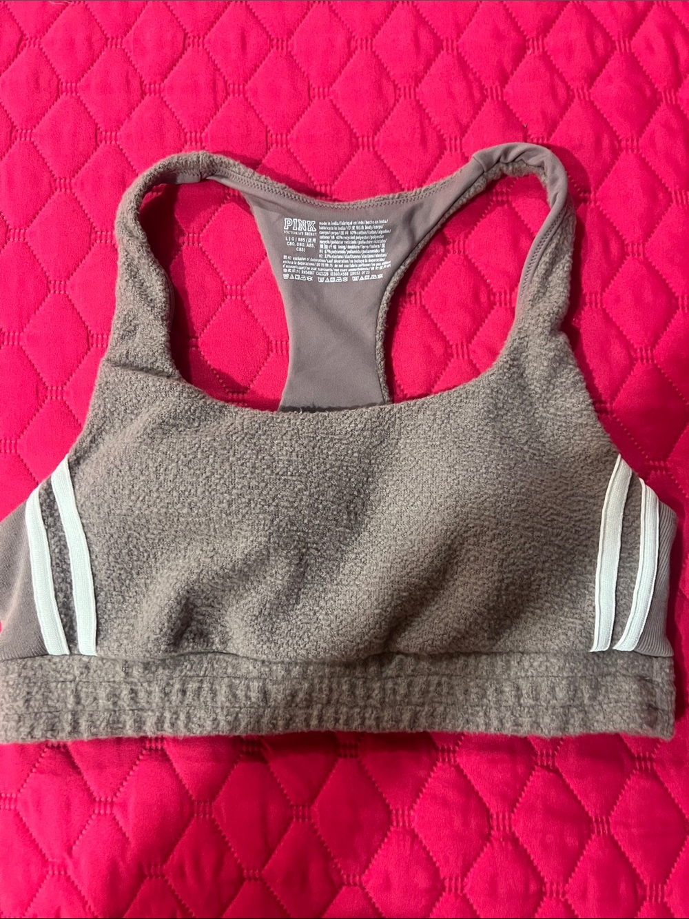 PINK Victoria's Secret Fleece-Texture Racerback Sports Bra in Taupe NWT